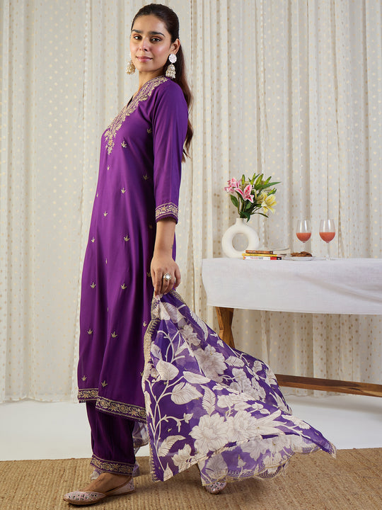 Indo Era Purple Embroidered Straight Kurta Salwar With Dupatta set