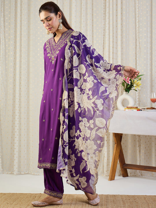 Indo Era Purple Embroidered Straight Kurta Salwar With Dupatta set