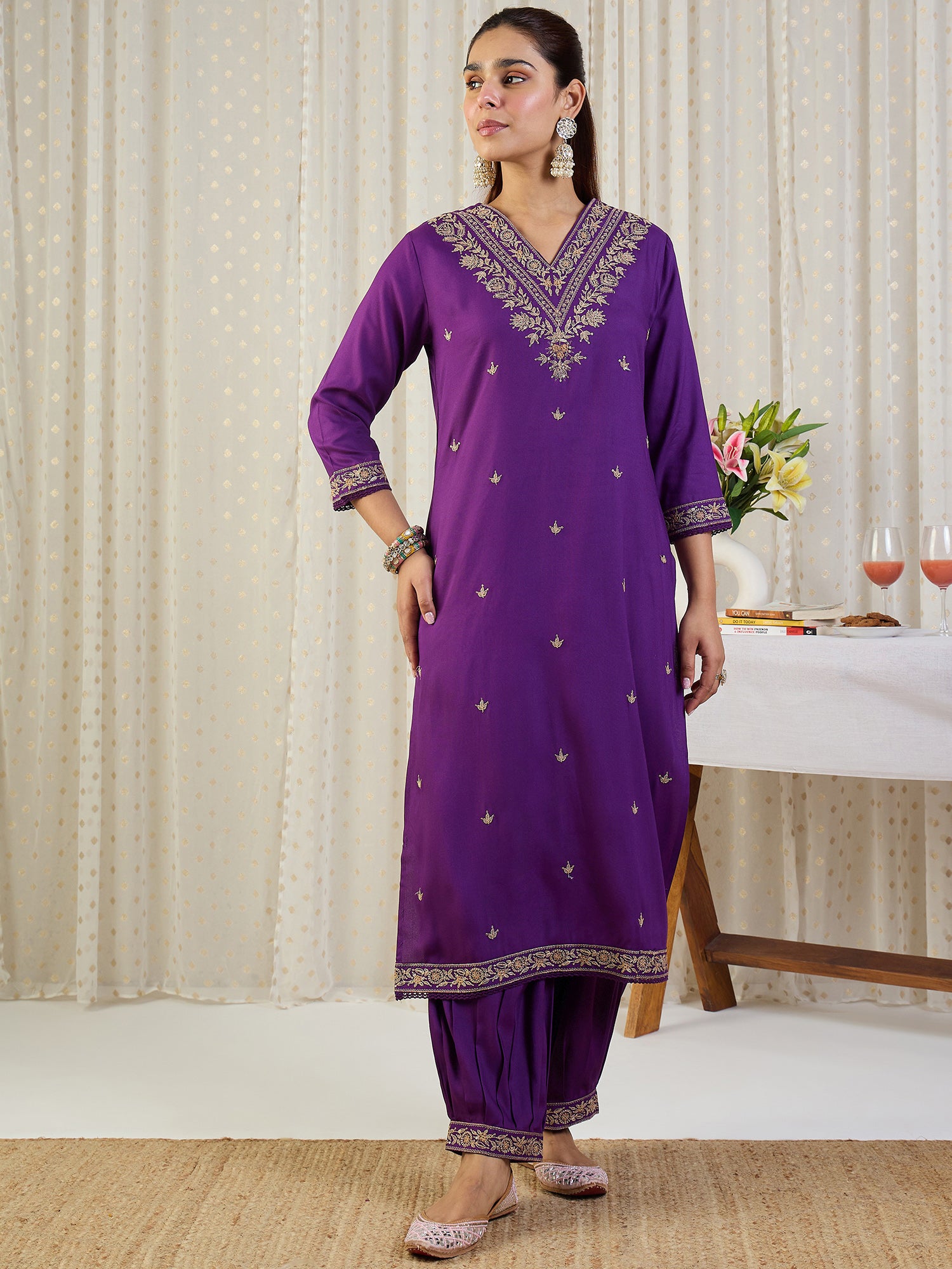 Indo Era Purple Embroidered Straight Kurta Salwar With Dupatta set