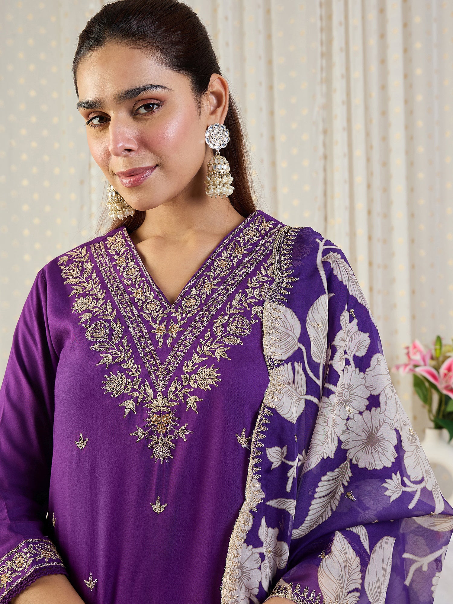 Indo Era Purple Embroidered Straight Kurta Salwar With Dupatta set