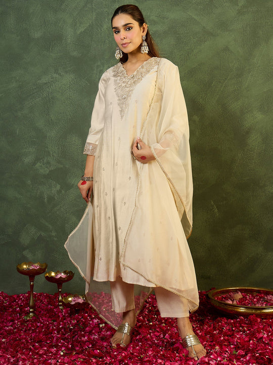 Indo Era White Embroidered Straight Kurta Trouser With Dupatta Set