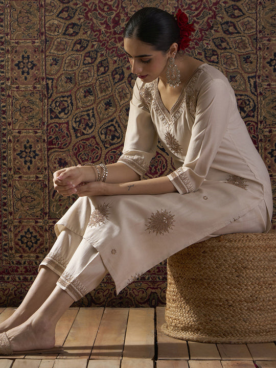 Indo Era White Embroidered Straight Kurta Trousers set