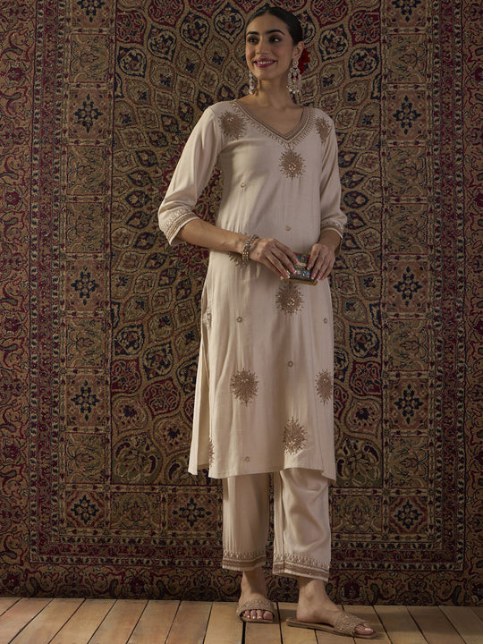 Indo Era White Embroidered Straight Kurta Trousers set