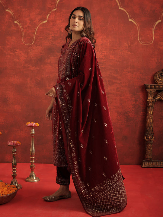 Maroon Embroidered Velvet Straight Kurta Sets With Dupatta