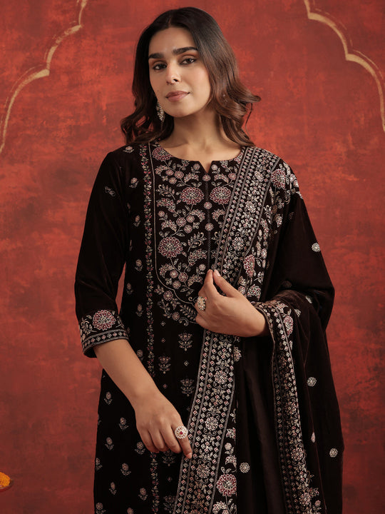 Brown Embroidered Velvet Straight Kurta Sets With Dupatta
