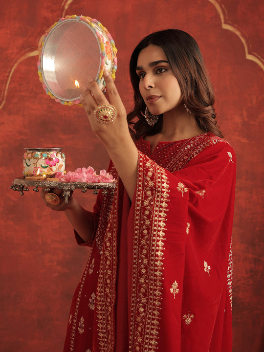 Red Embroidered Velvet Straight Kurta Sets With Dupatta