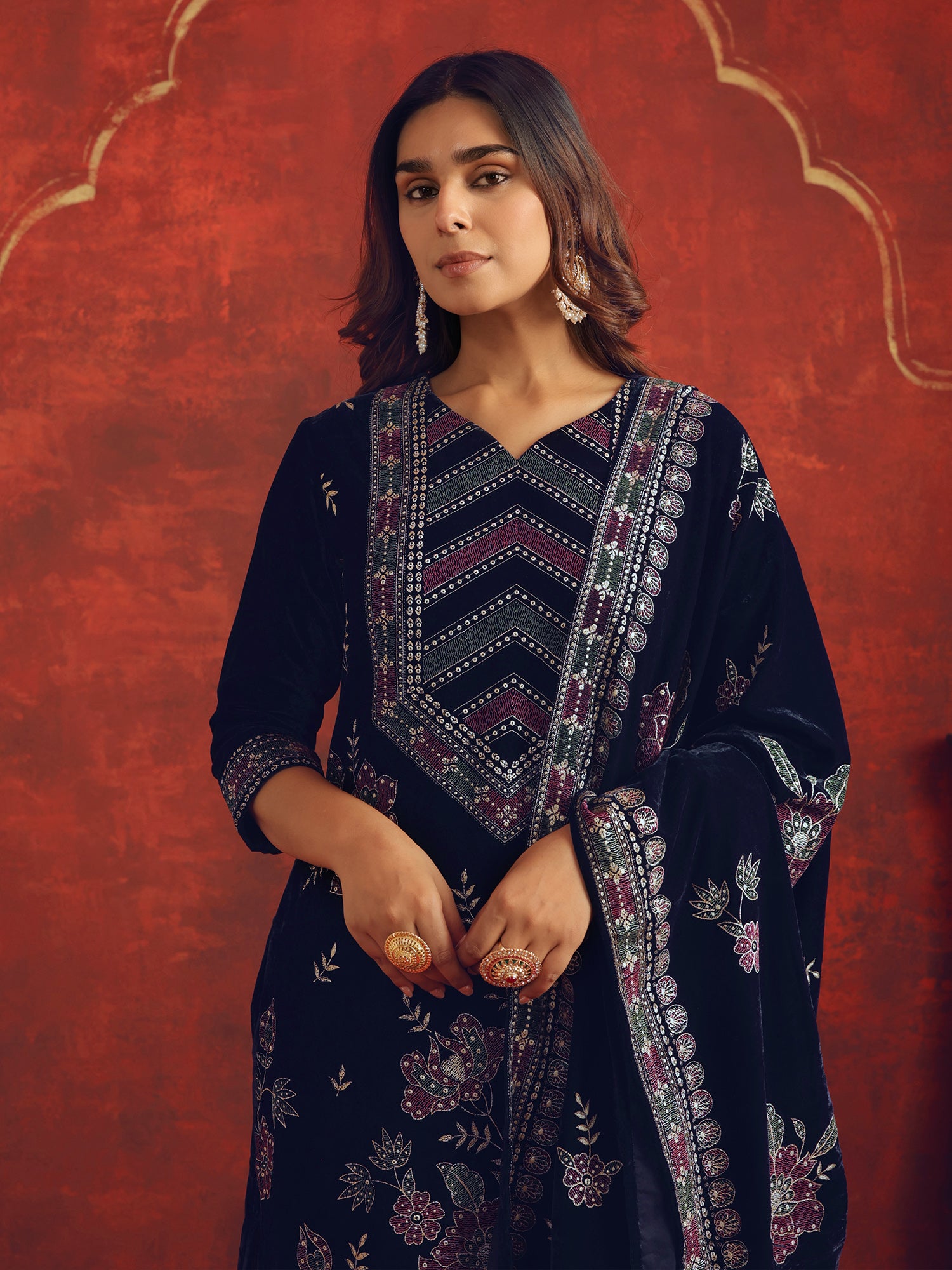 Navy Blue Embroidered Velvet Straight Kurta Sets With Dupatta