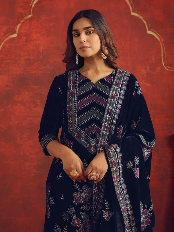 Navy Blue Embroidered Velvet Straight Kurta Sets With Dupatta