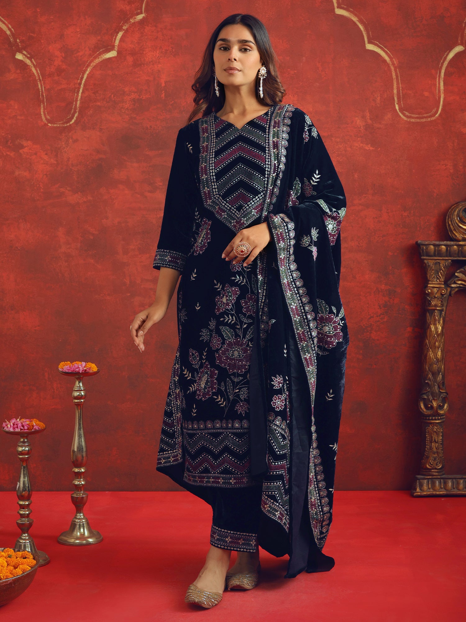 Navy Blue Embroidered Velvet Straight Kurta Sets With Dupatta