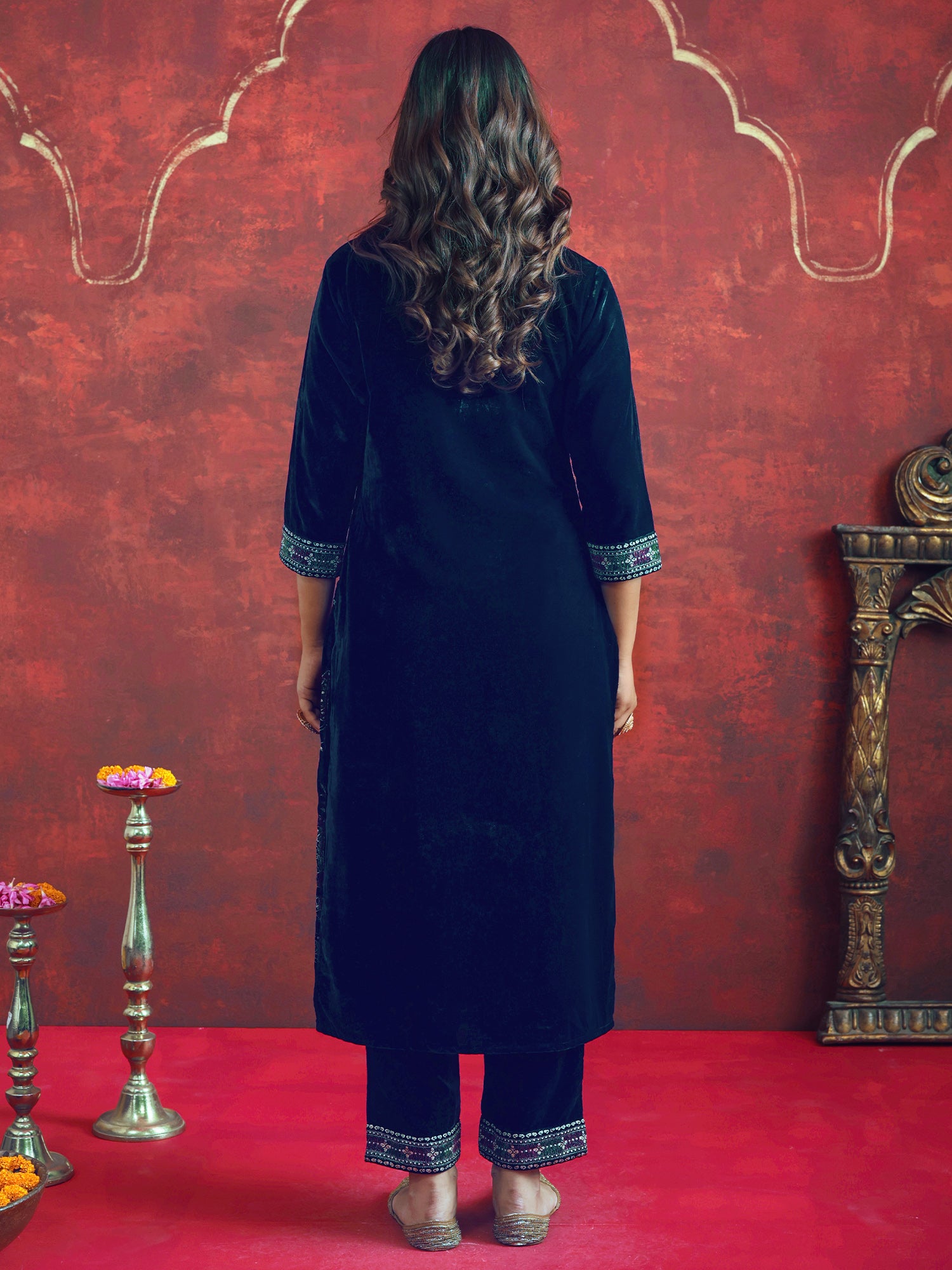 Navy Blue Embroidered Velvet Straight Kurta Sets With Dupatta