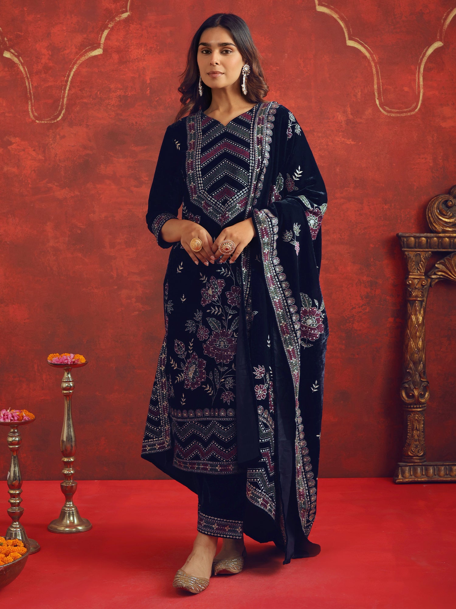 Navy Blue Embroidered Velvet Straight Kurta Sets With Dupatta