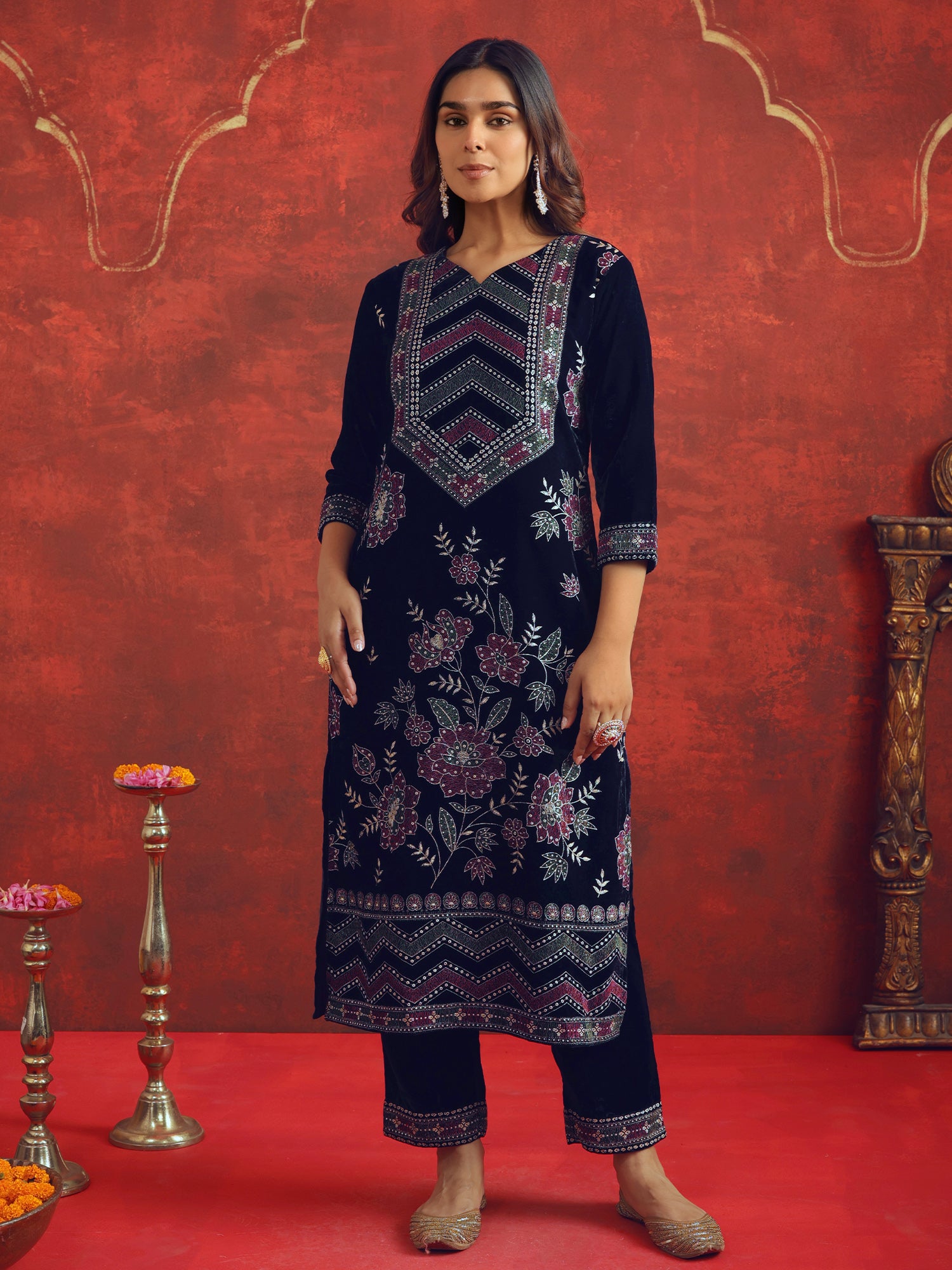 Navy Blue Embroidered Velvet Straight Kurta Sets With Dupatta