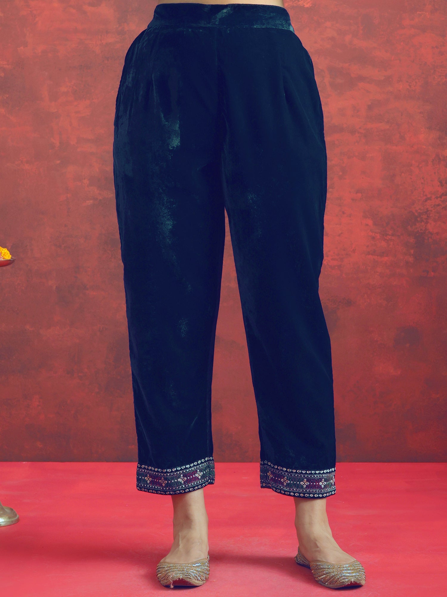 Navy Blue Embroidered Velvet Straight Kurta Sets With Dupatta