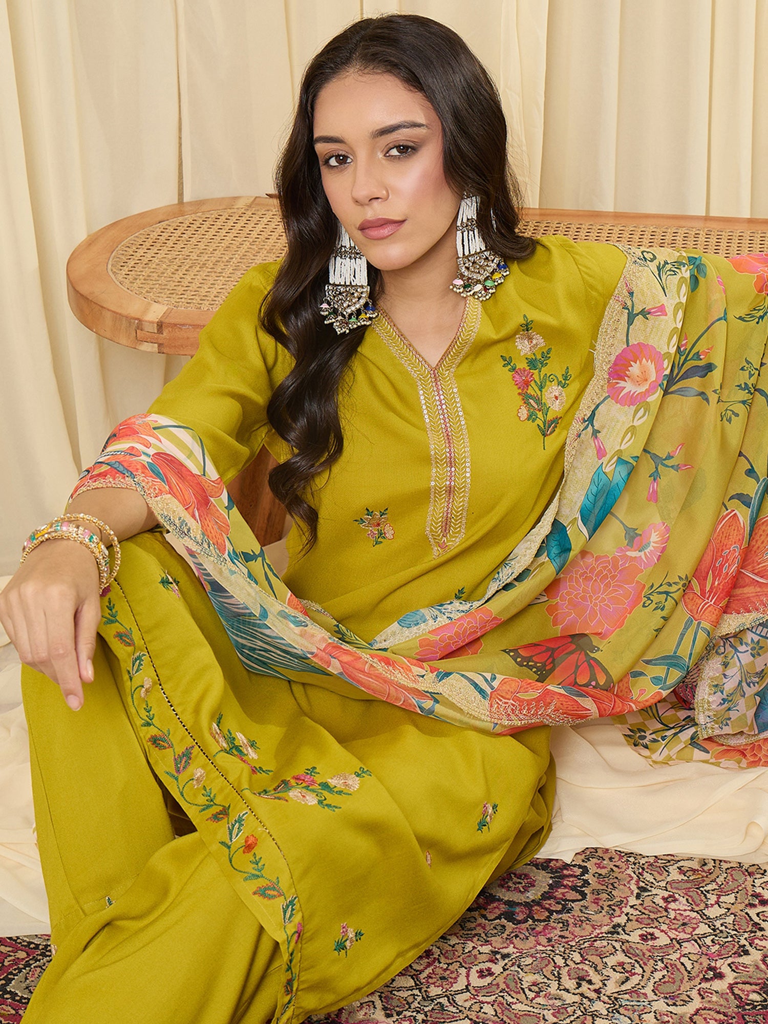 Indo Era Green Embroidered Straight Kurta Salwar With Dupatta set