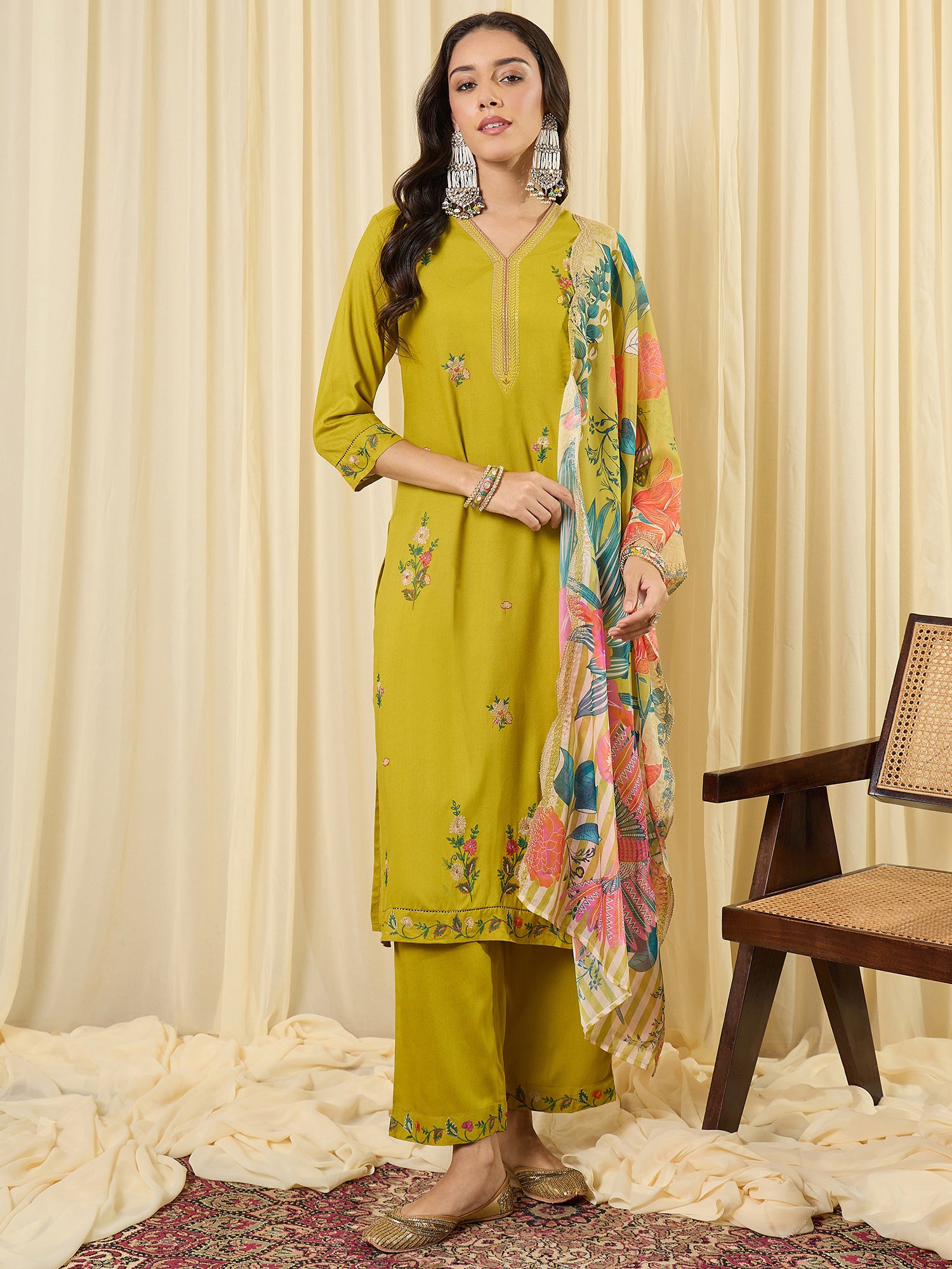 Indo Era Green Embroidered Straight Kurta Salwar With Dupatta set