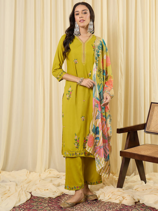 Indo Era Green Embroidered Straight Kurta Salwar With Dupatta set