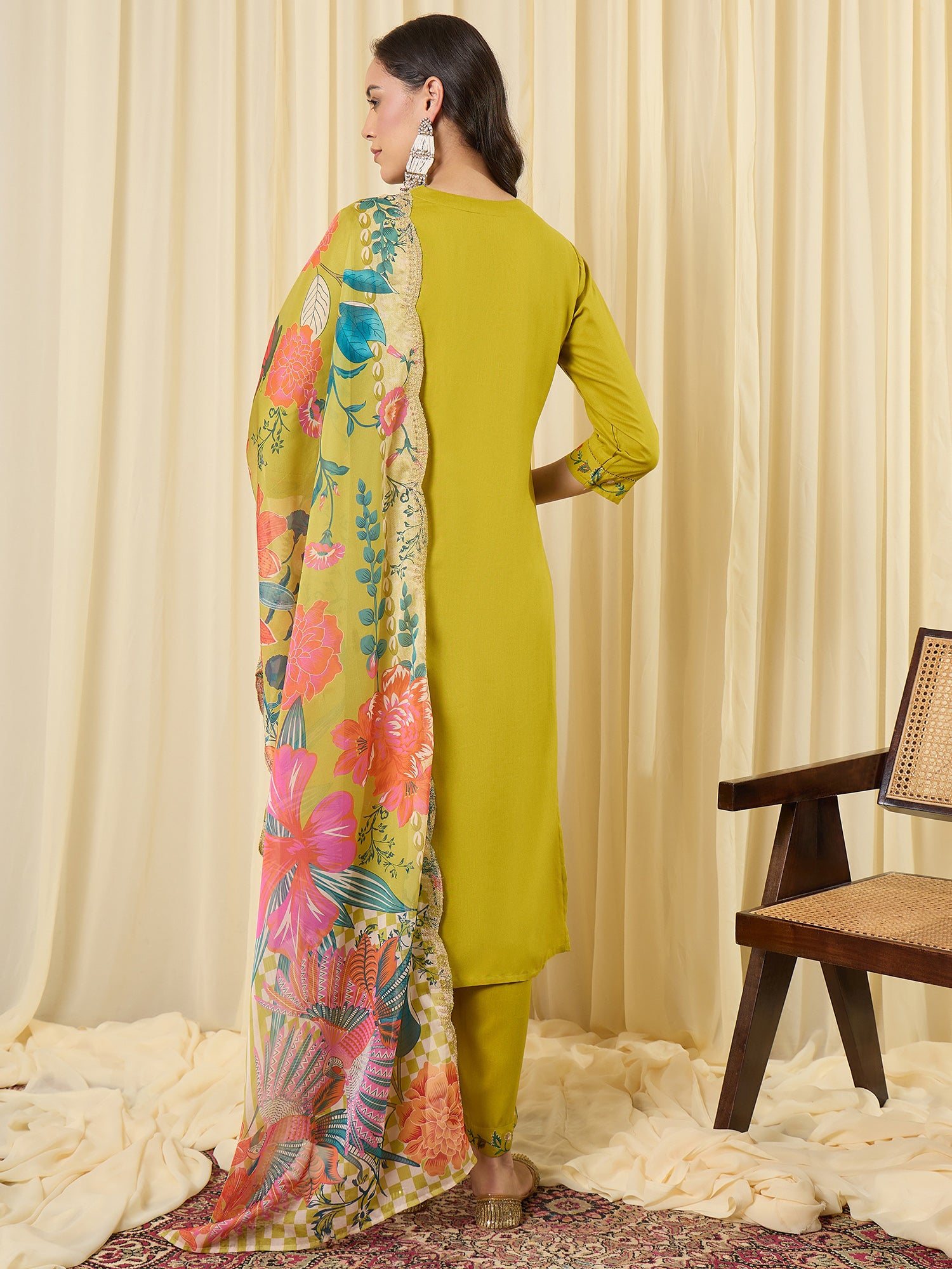 Indo Era Green Embroidered Straight Kurta Salwar With Dupatta set