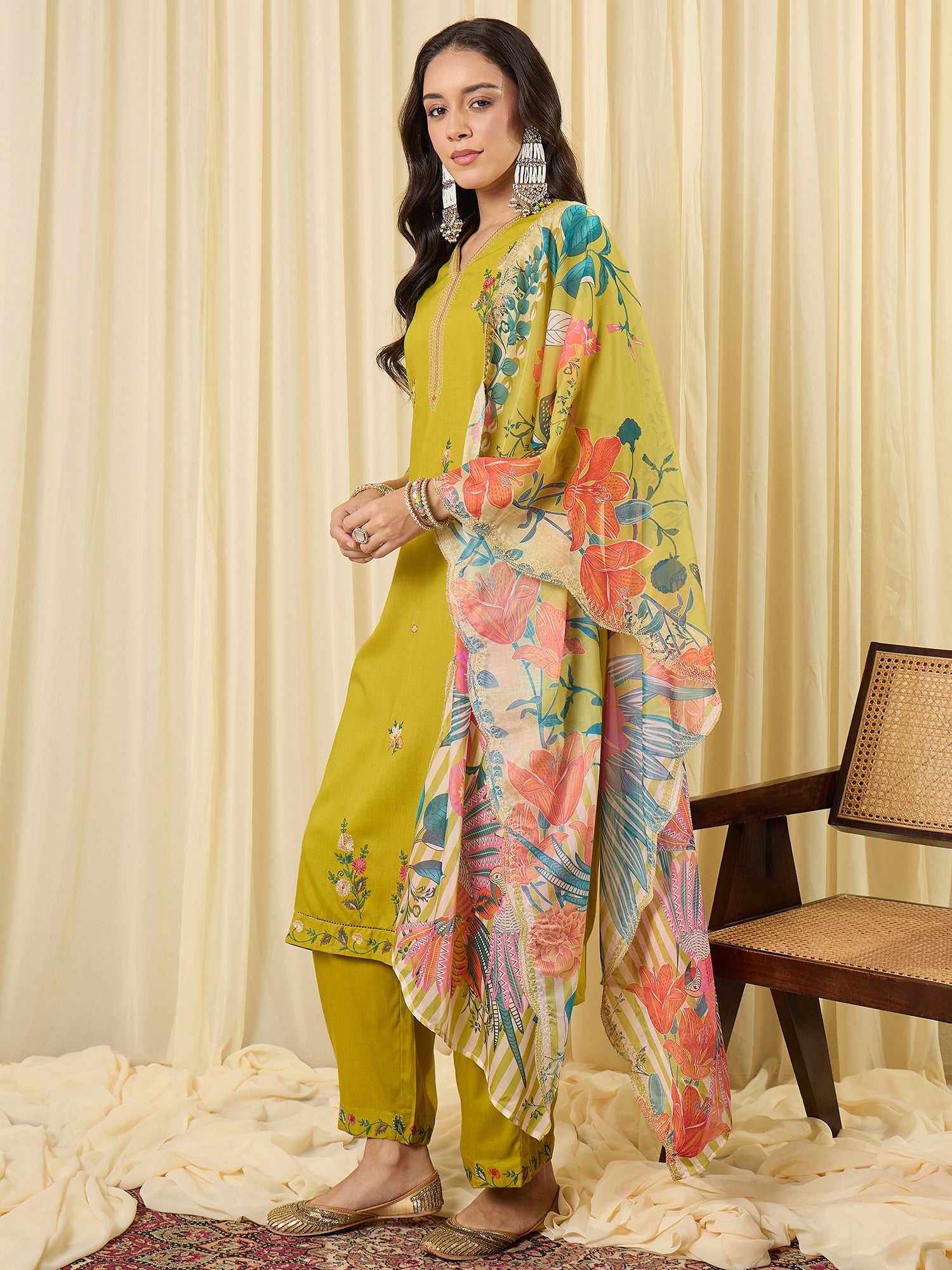 Indo Era Green Embroidered Straight Kurta Salwar With Dupatta set