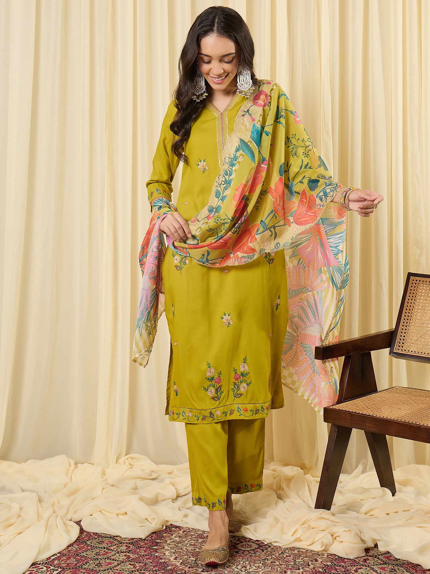 Indo Era Green Embroidered Straight Kurta Salwar With Dupatta set