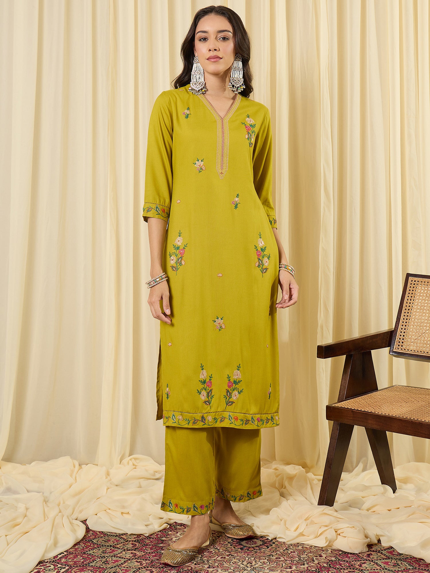 Indo Era Green Embroidered Straight Kurta Salwar With Dupatta set