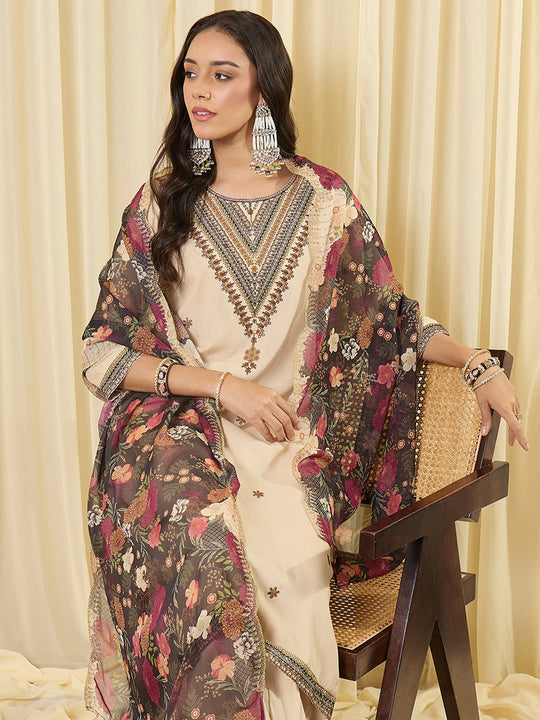Indo Era Cream Embroidered Straight Kurta Salwar With Dupatta set