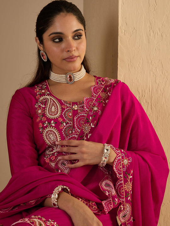 Pink Embroidered Chinon Straight Kurta Palazzos With Dupatta
