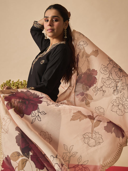 Indo Era Black Embroidered Straight Kurta Salwar With Dupatta set