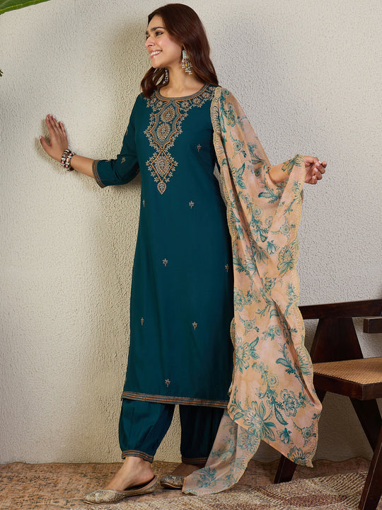 Indo Era Teal Embroidered Straight Kurta Salwar With Dupatta set