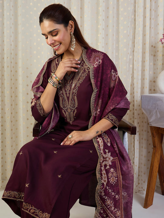 Indo Era Maroon Embroidered Straight Kurta Palazzos With Dupatta set