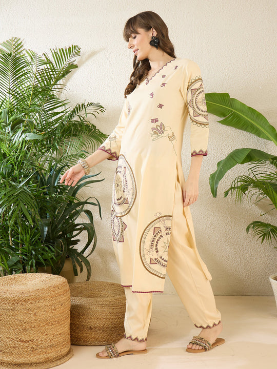 Indo Era Cream Embroidered Straight Kurta Palazzos Set