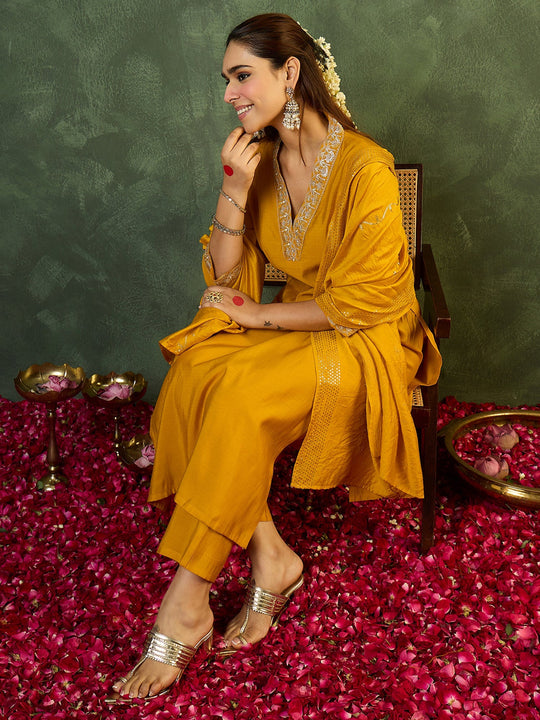 Indo Era Yellow Embroidered Straight Kurta Trouser With Dupatta Set