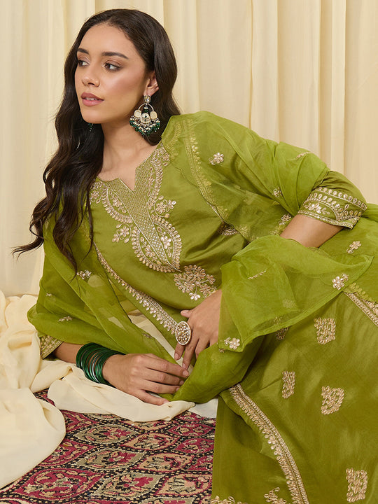 Indo Era Green Embroidered Straight Kurta Trousers With Dupatta Set