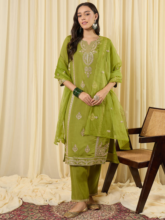 Indo Era Green Embroidered Straight Kurta Trousers With Dupatta Set
