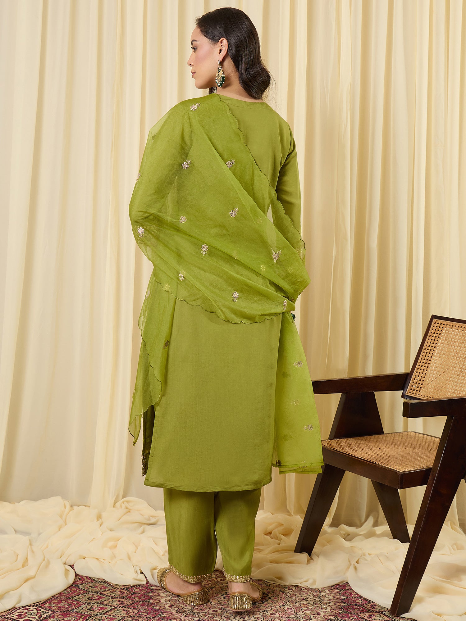 Indo Era Green Embroidered Straight Kurta Trousers With Dupatta Set