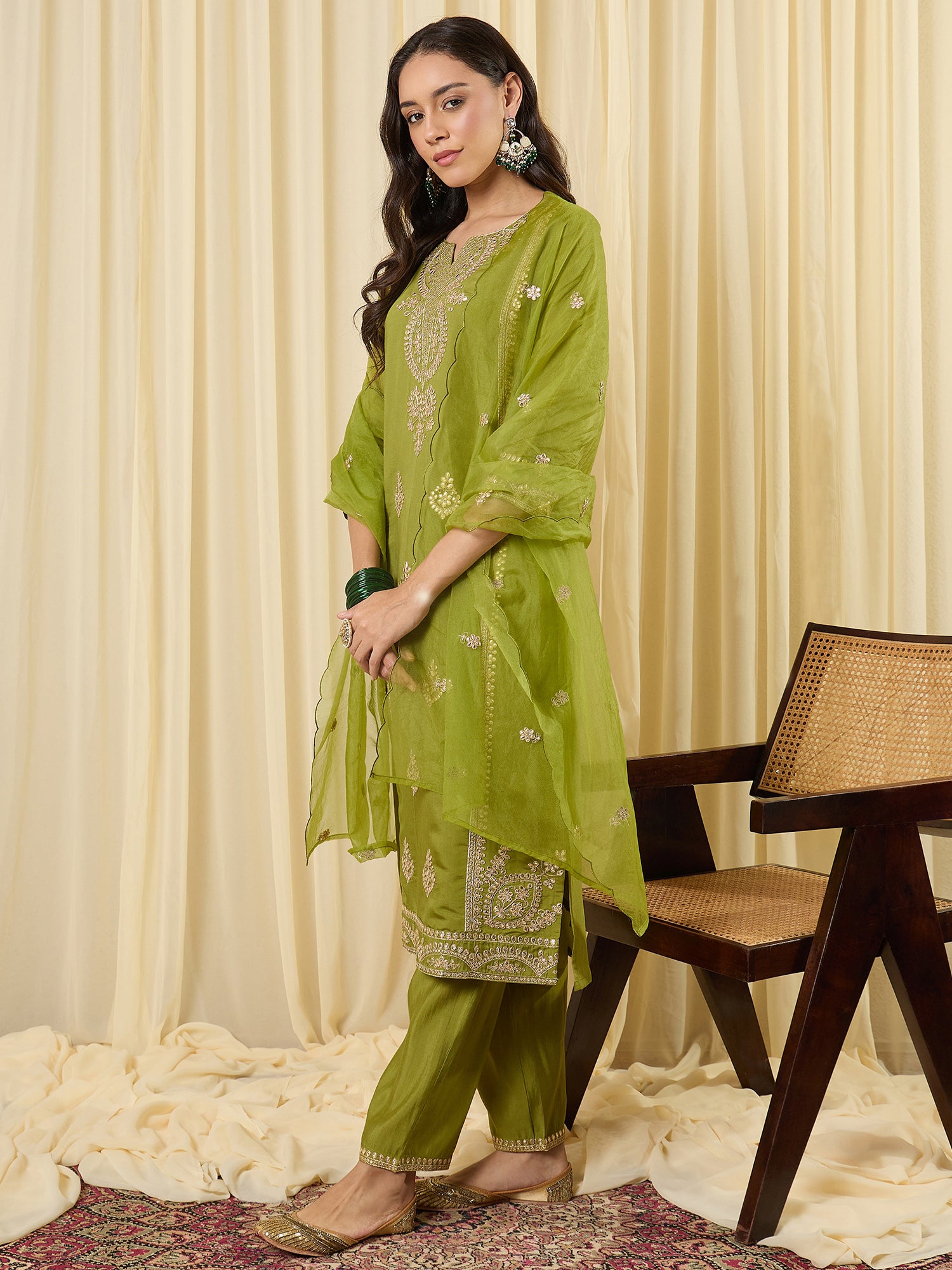Indo Era Green Embroidered Straight Kurta Trousers With Dupatta Set