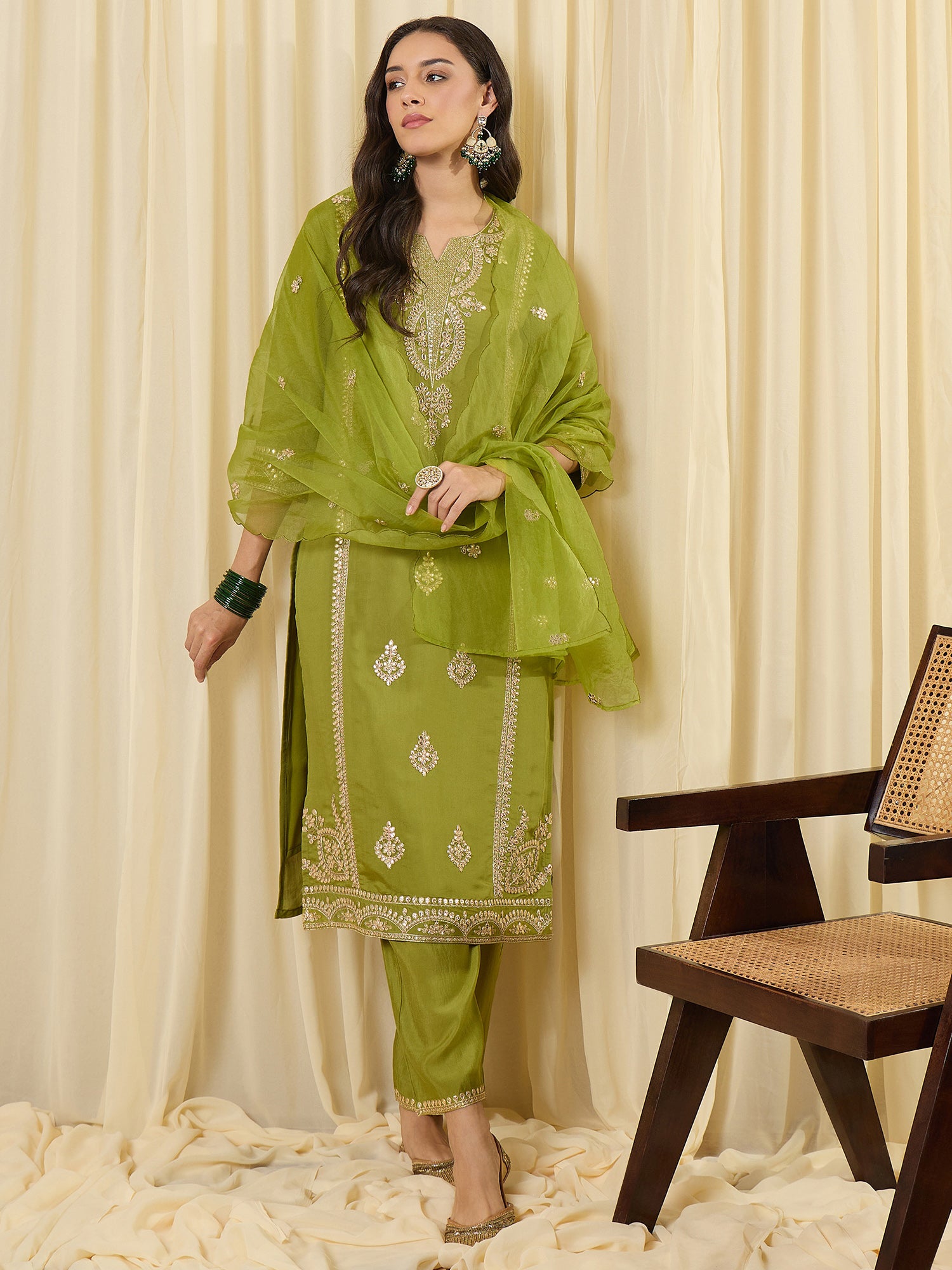 Indo Era Green Embroidered Straight Kurta Trousers With Dupatta Set