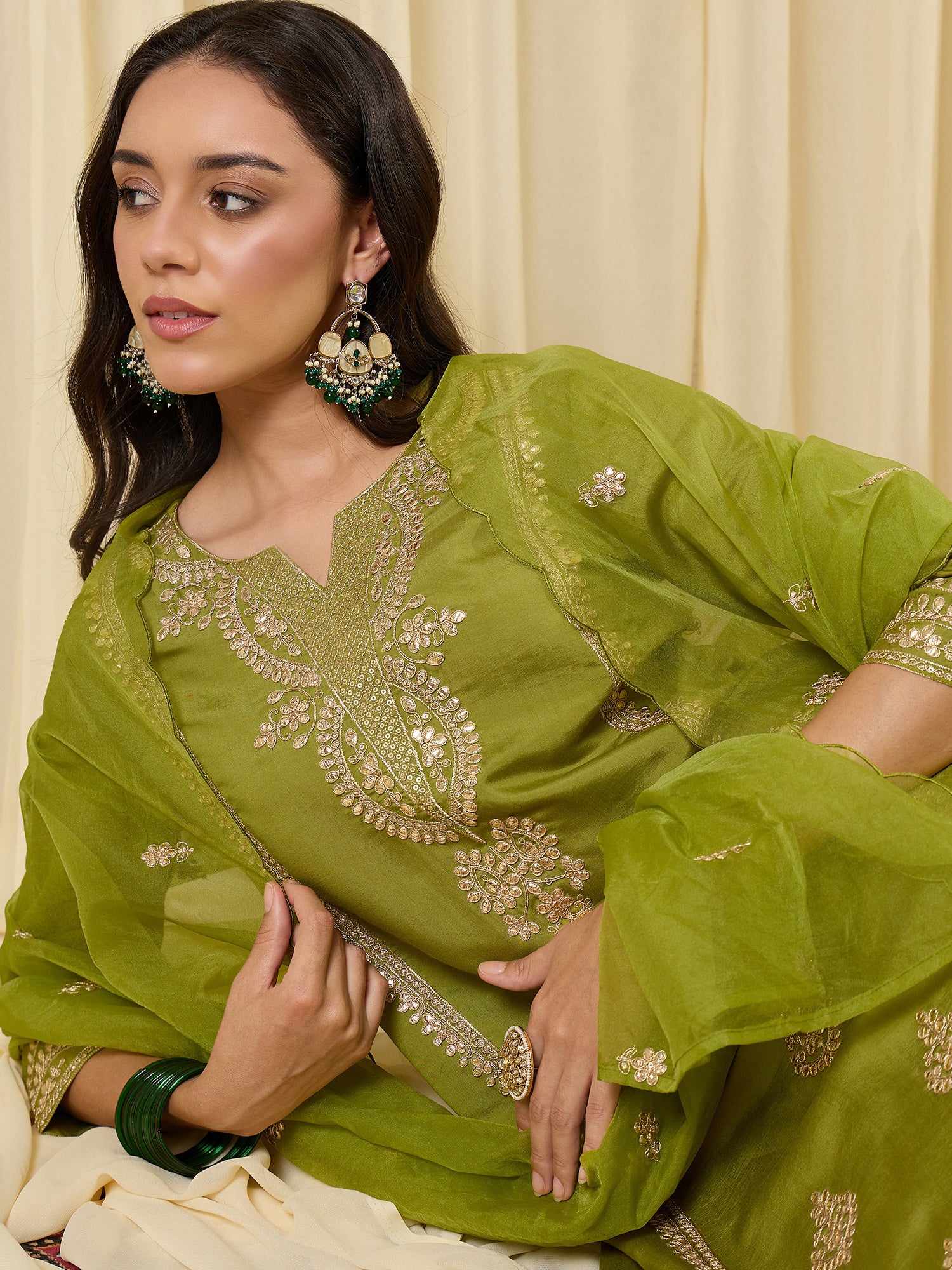 Indo Era Green Embroidered Straight Kurta Trousers With Dupatta Set