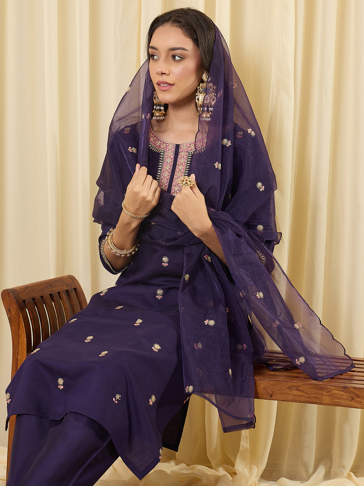 Indo Era Purple Embroidered Straight Kurta Trousers With Dupatta Set