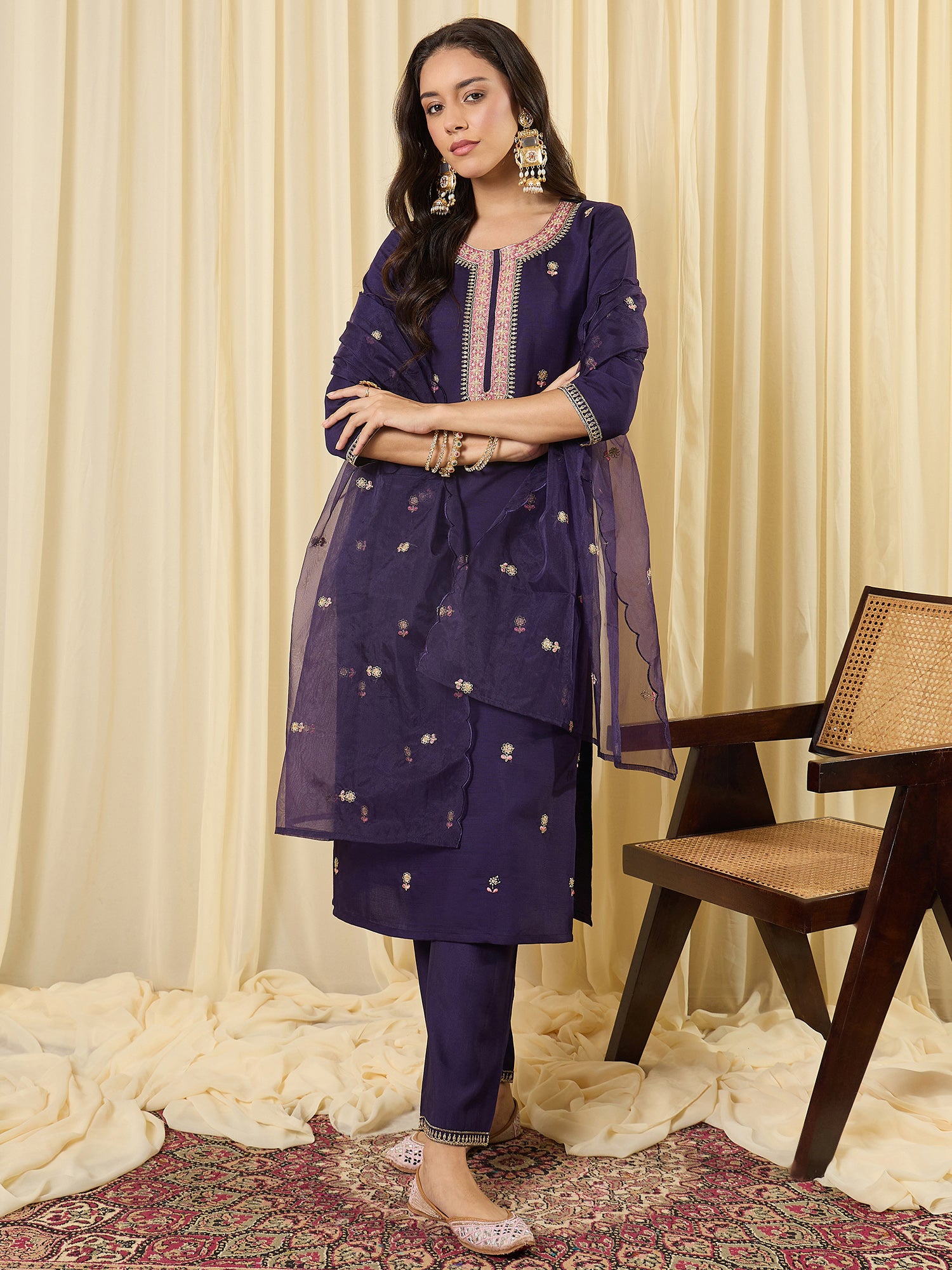 Indo Era Purple Embroidered Straight Kurta Trousers With Dupatta Set