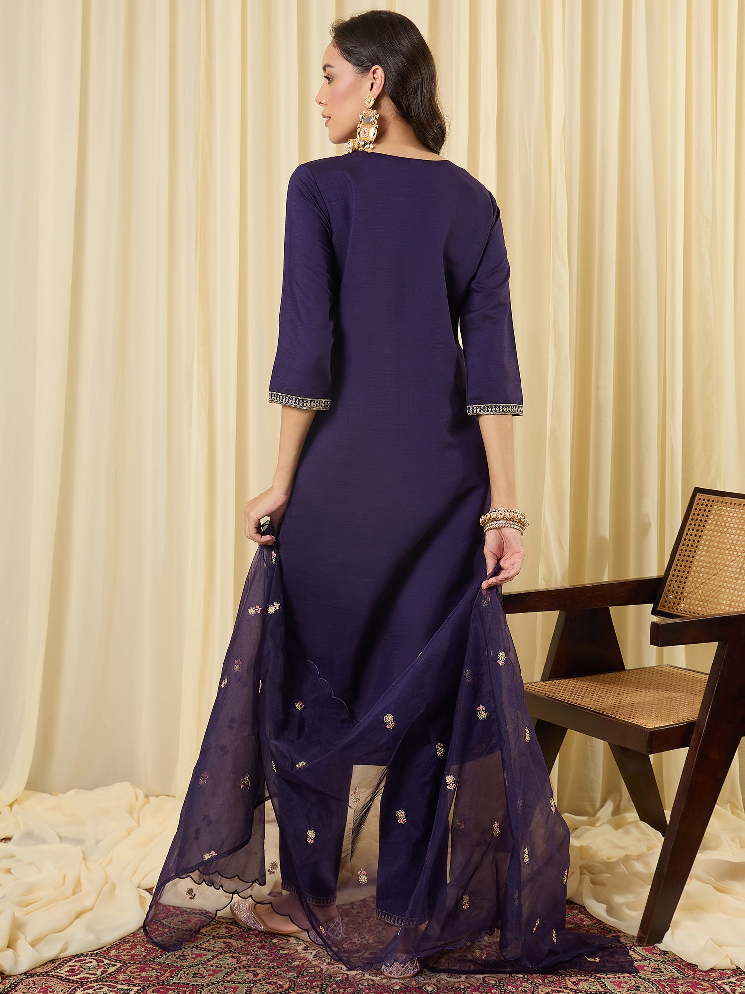 Indo Era Purple Embroidered Straight Kurta Trousers With Dupatta Set