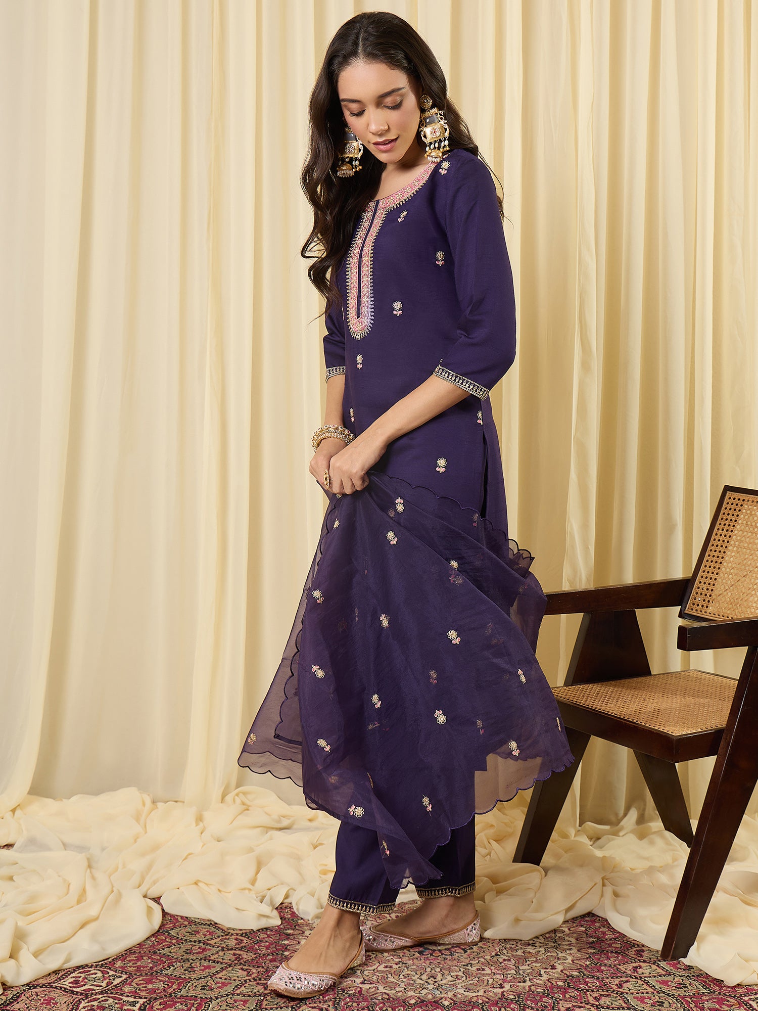 Indo Era Purple Embroidered Straight Kurta Trousers With Dupatta Set