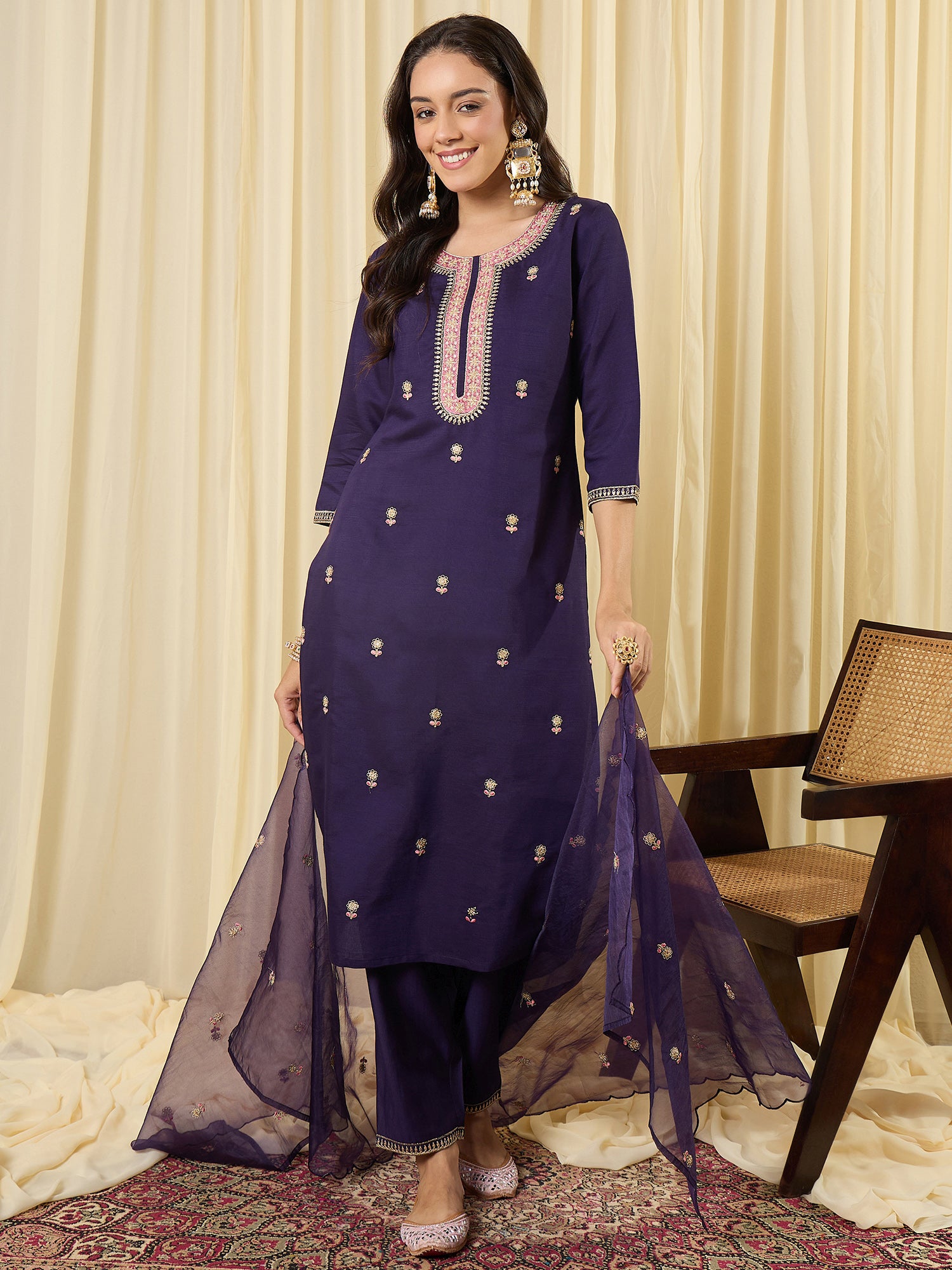 Indo Era Purple Embroidered Straight Kurta Trousers With Dupatta Set