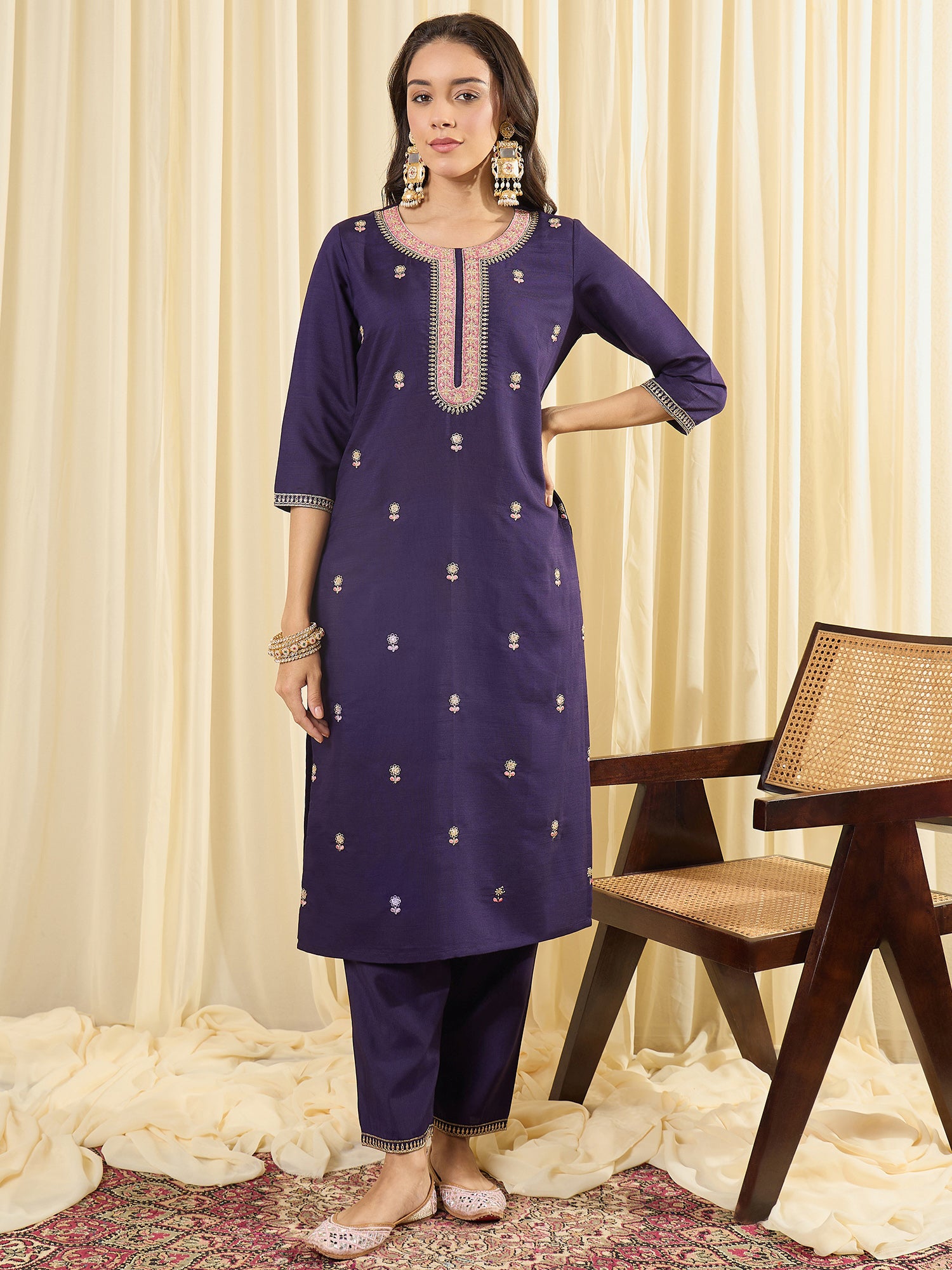 Indo Era Purple Embroidered Straight Kurta Trousers With Dupatta Set