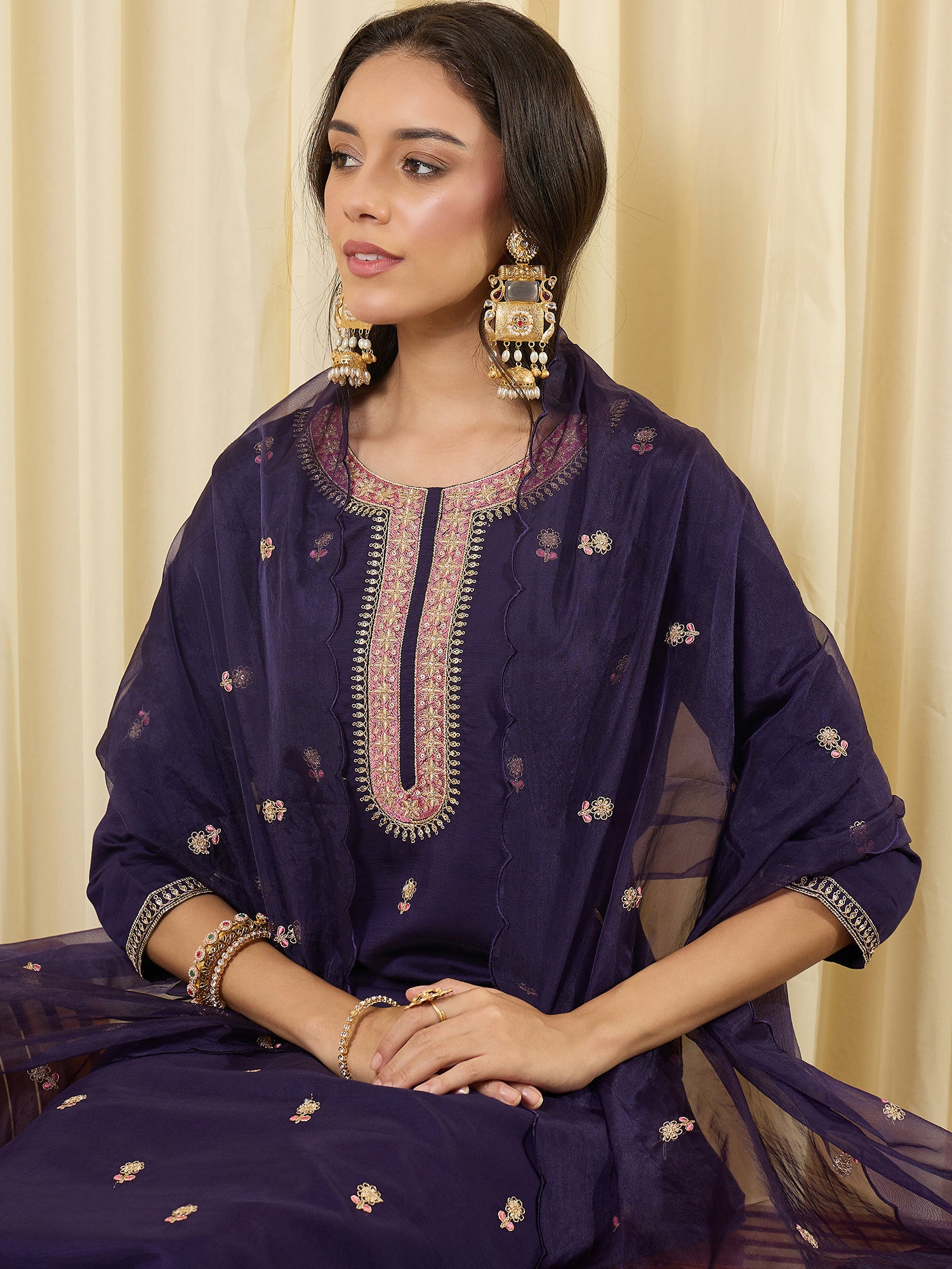 Indo Era Purple Embroidered Straight Kurta Trousers With Dupatta Set