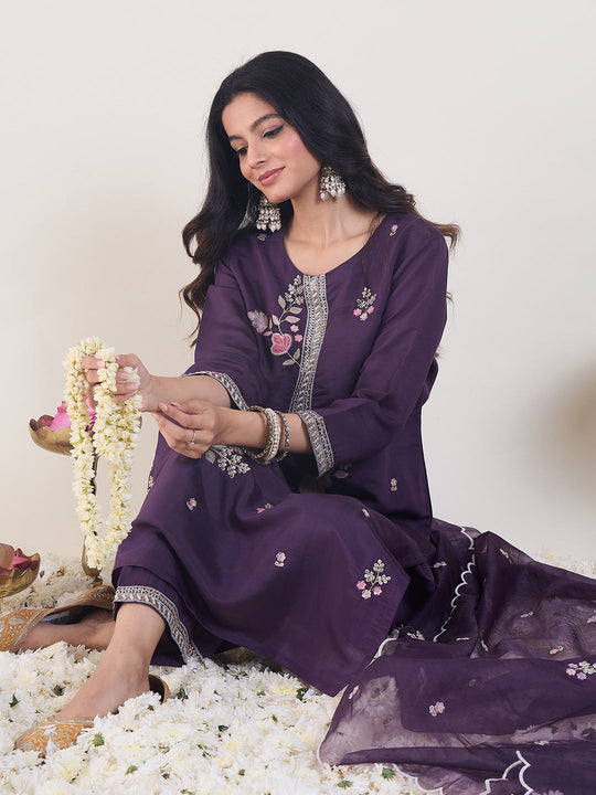 Indo Era Purple Embroidered Straight Kurta Trousers With Dupatta Set