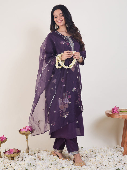 Indo Era Purple Embroidered Straight Kurta Trousers With Dupatta Set