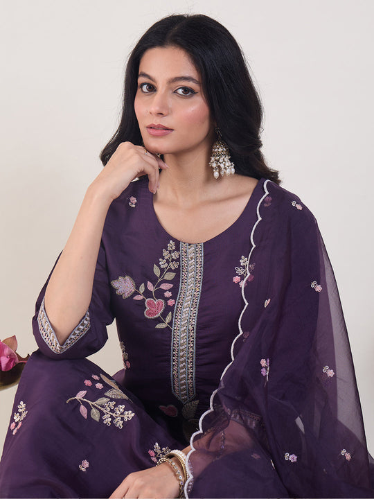 Indo Era Purple Embroidered Straight Kurta Trousers With Dupatta Set