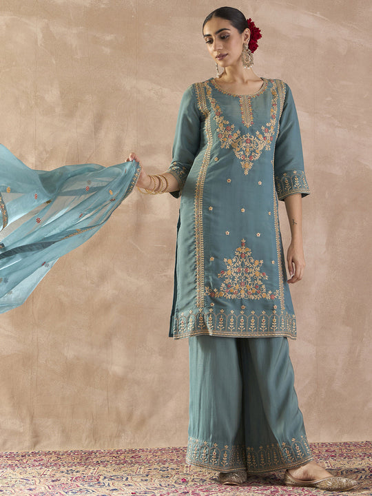 Indo Era Sea Green Embroidered Straight Kurta Palazzos With Dupatta Set