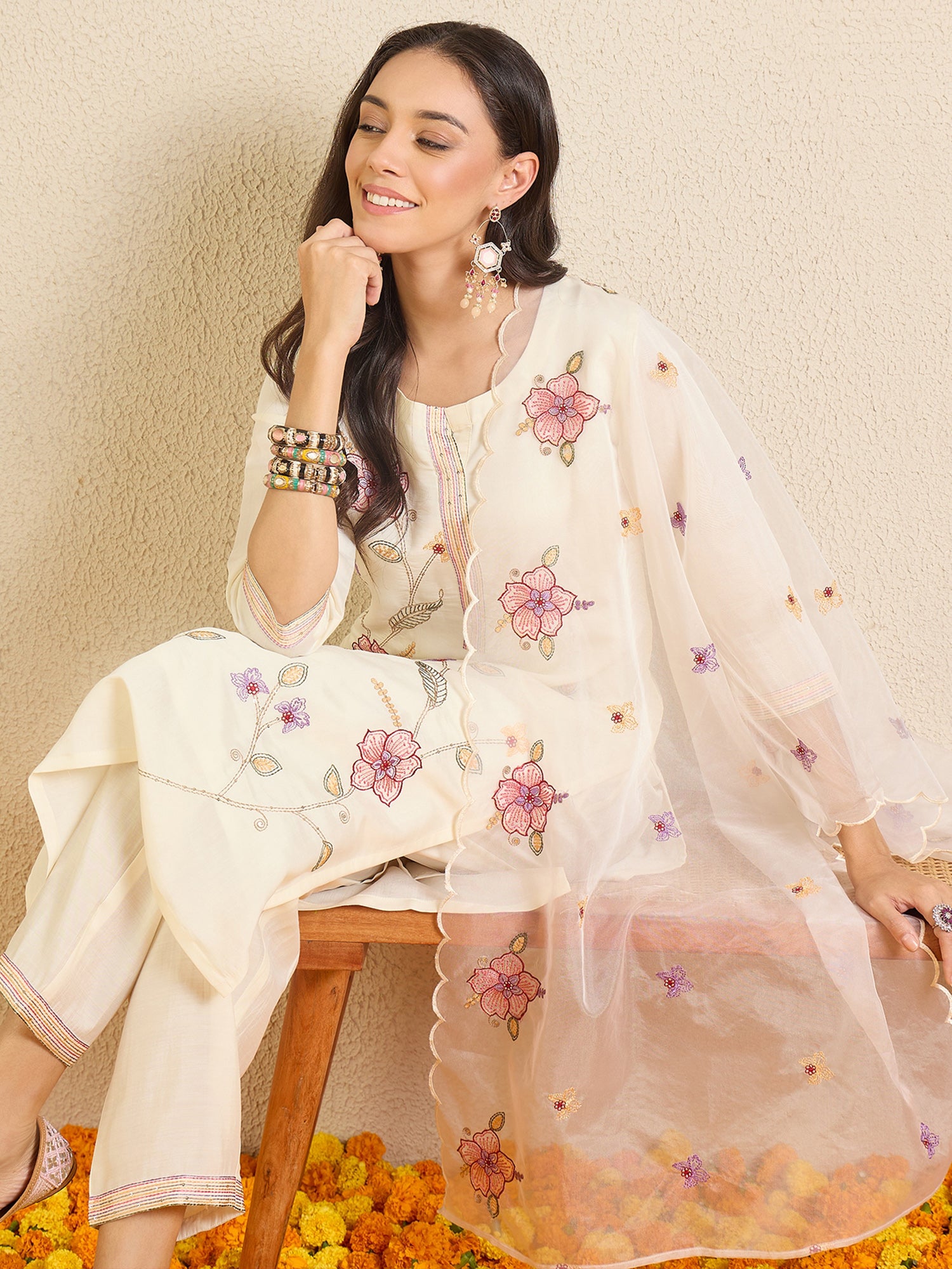 Indo Era Off White Embroidered Straight Kurta Trousers With Dupatta Set