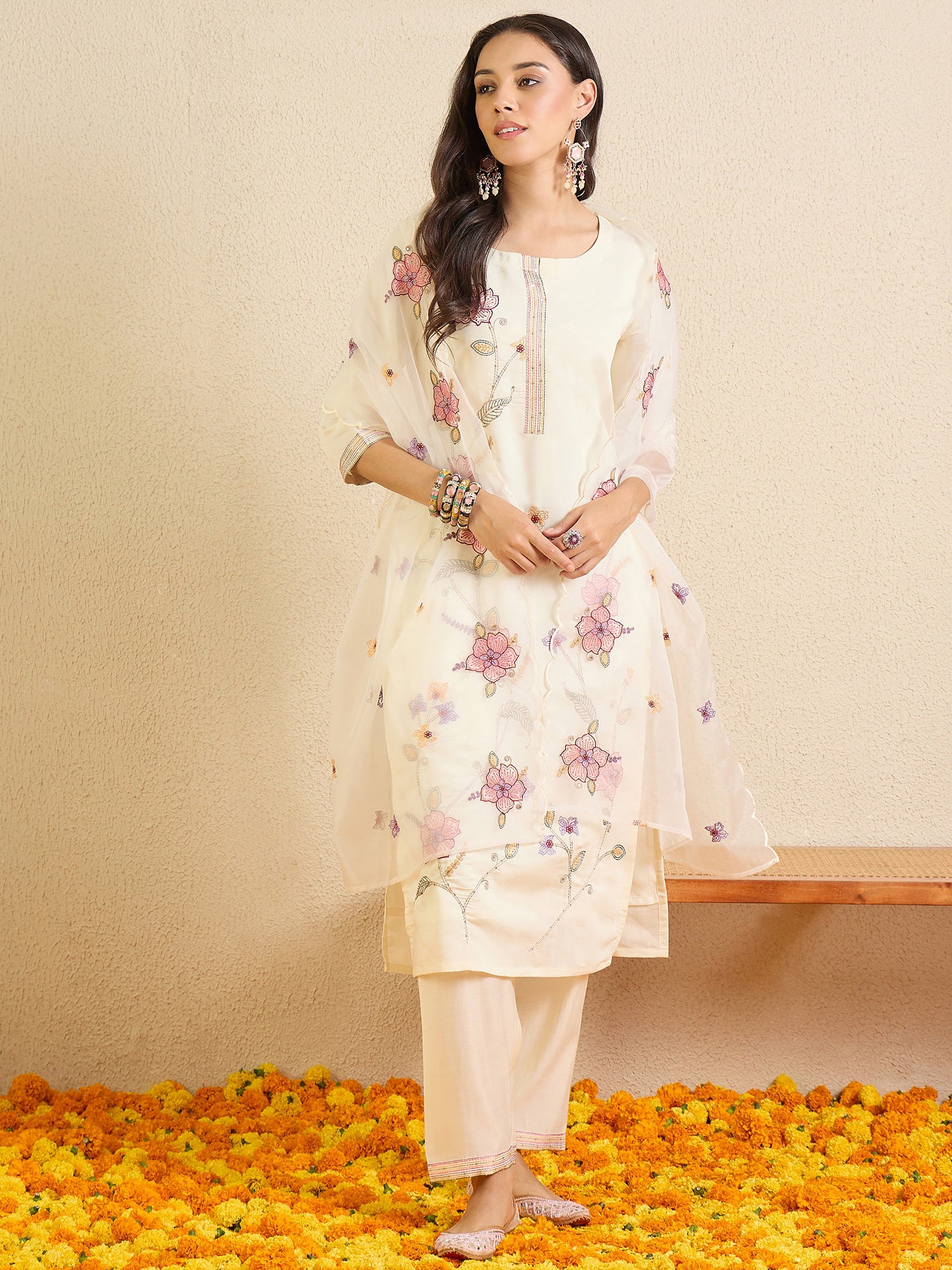 Indo Era Off White Embroidered Straight Kurta Trousers With Dupatta Set